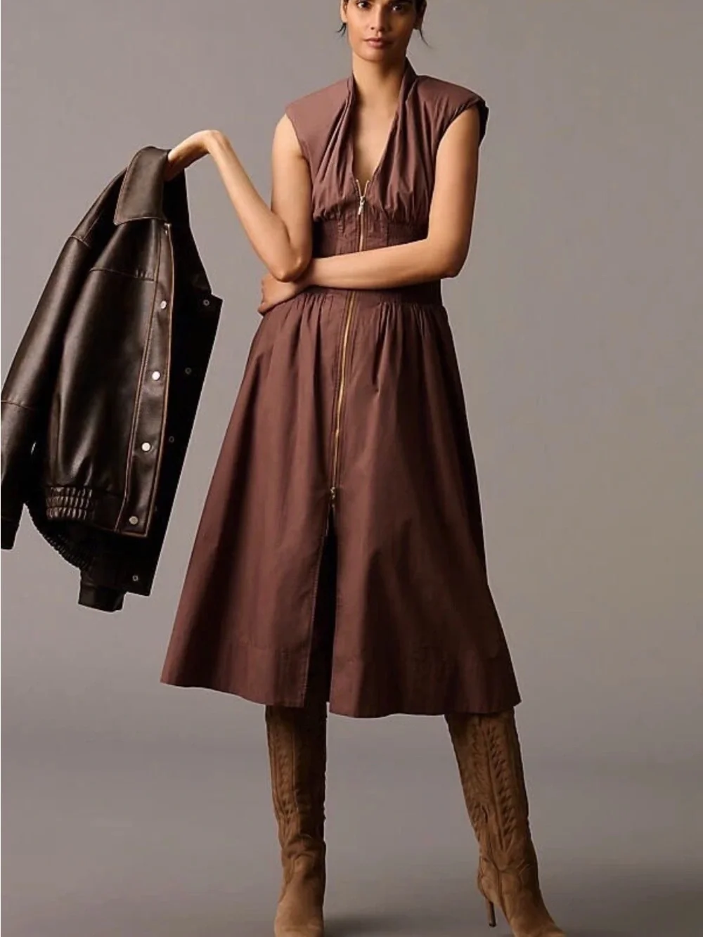 Anthropologie Brown Zip-Front Midi Dress